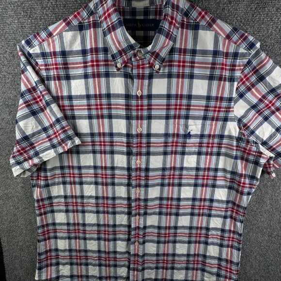 Ralph Lauren Short Sleeve Button Up Shirt Men Cotton OCBD Red White Blue Large - Picture 2 of 9